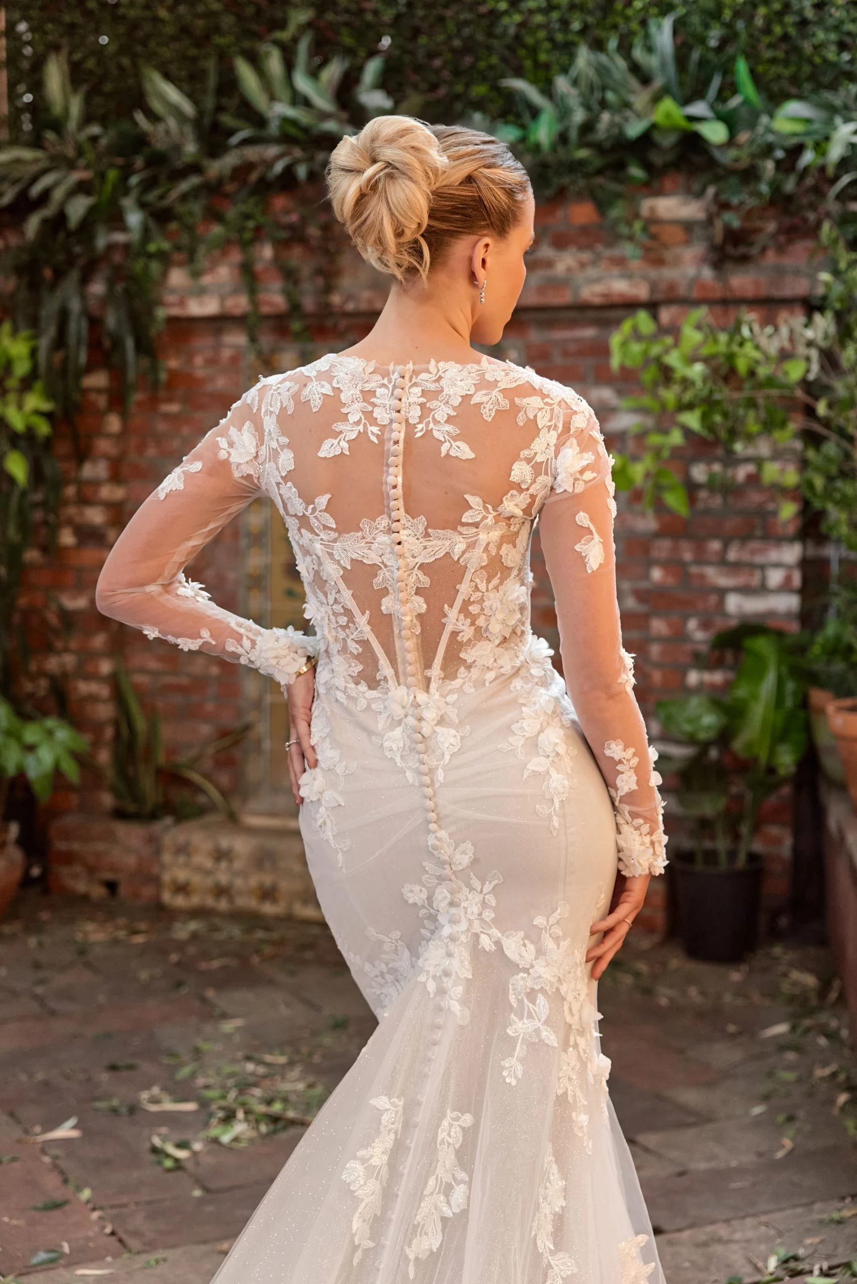 sheer mermaid wedding dress with long sleeves and 3D detailing - D4329 by Essense of Australia