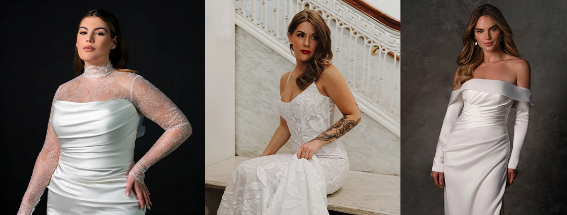 Three brides wearing column wedding dresses