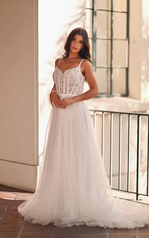 lace a-line wedding dress with tulle skirt - 7722 by Stella York