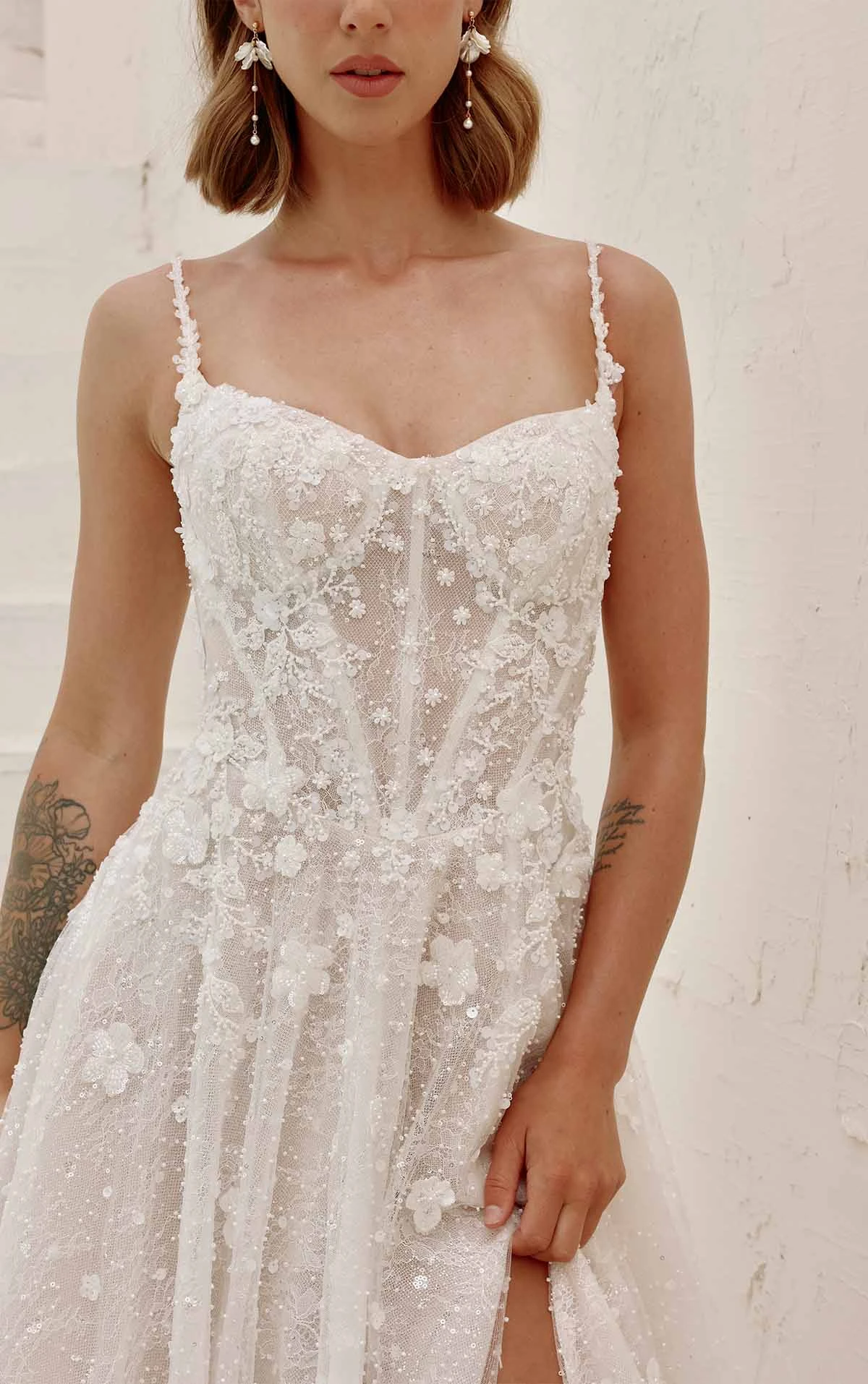 sexy sheer lace a-line wedding dress with high slit - 1831 by Martina Liana
