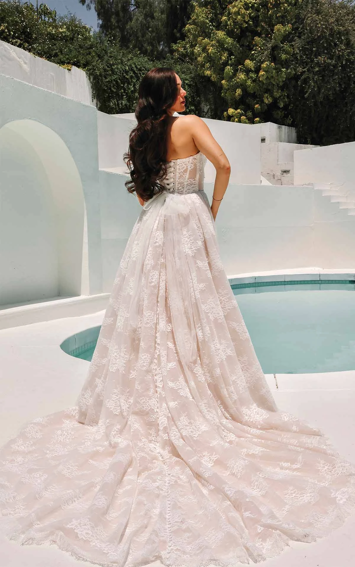 pink lace wedding dress with lace up corset back and long train - 1847 by Martina Liana