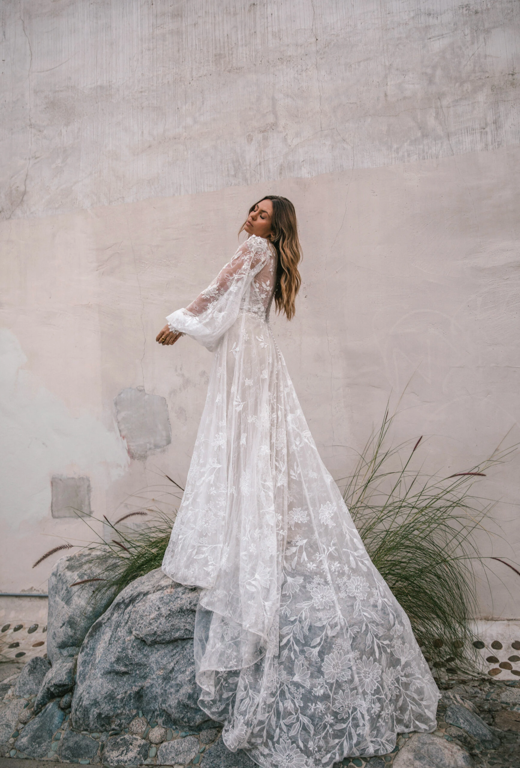 boho a-line wedding dress with train and long sleeves - wynter by All Who Wander