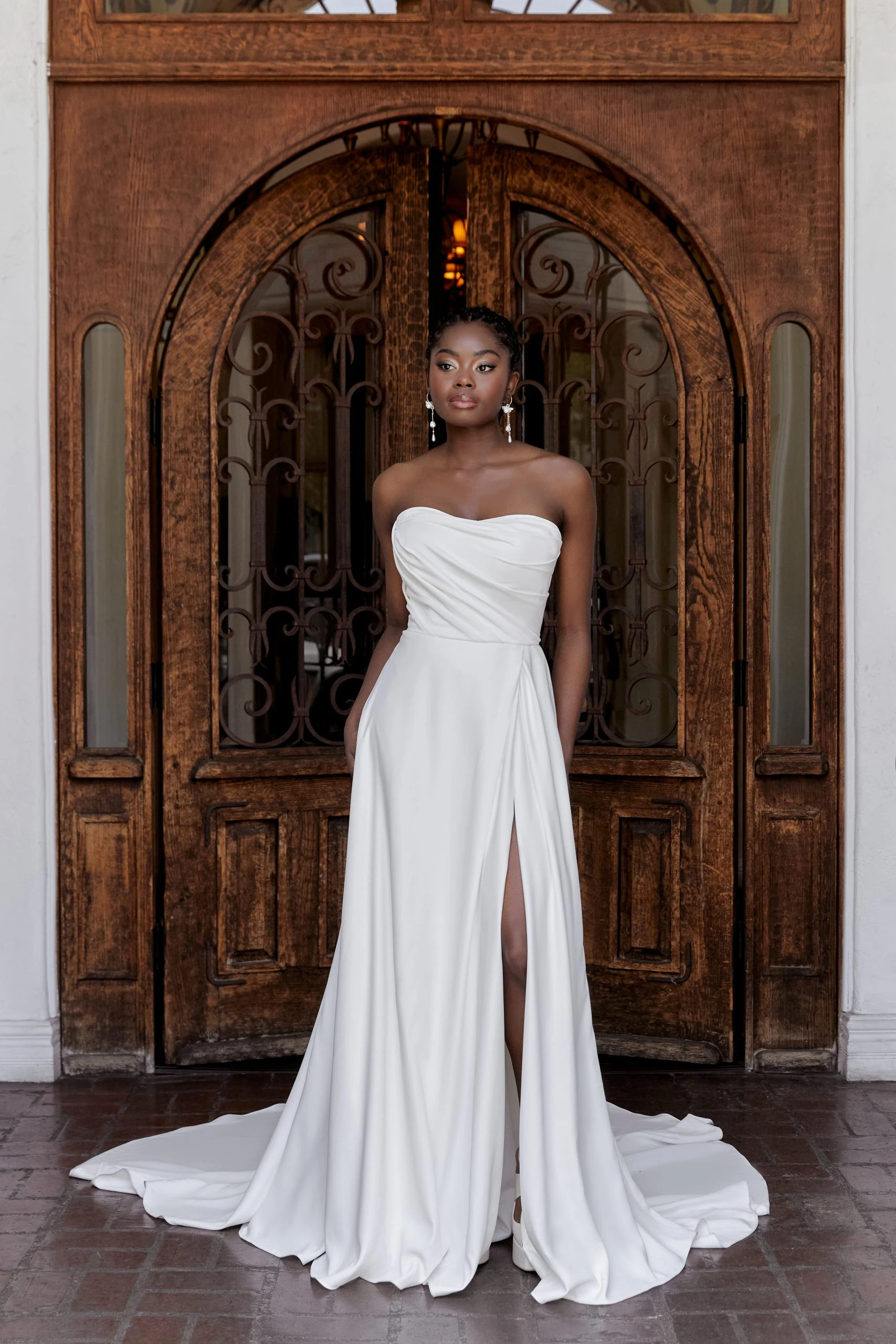 simple strapless soft a-line wedding dress with skirt slit - D4225 by Essense of Australia