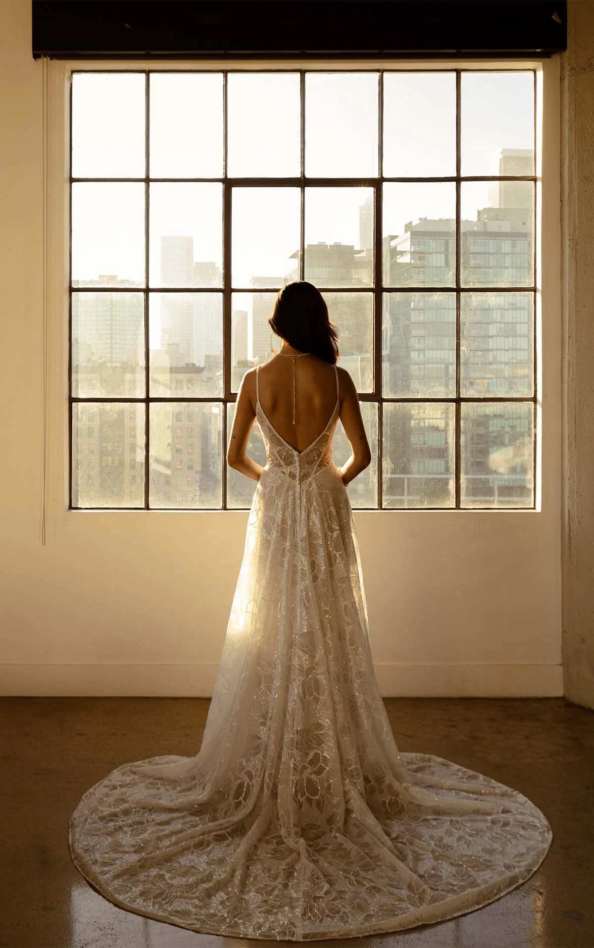 sparkling lace wedding dress with open back and short train - hattie by all who wander