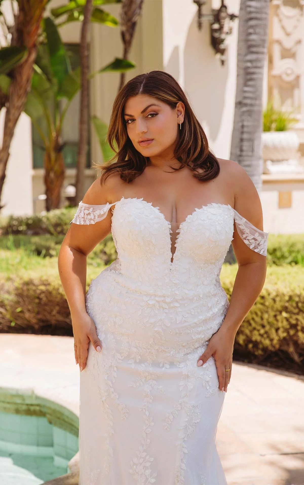 sexy lace mermaid plus size wedding gown with off the shoulder straps - D3992+ by Essense of Australia