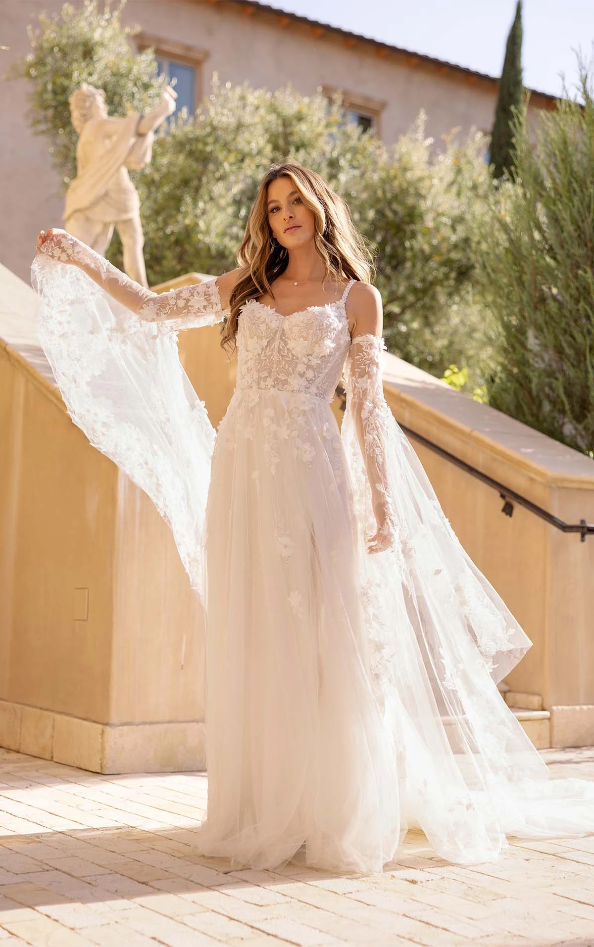 boho a-line wedding dress with detachable long flowy sleeves - 1667 by Martina Liana