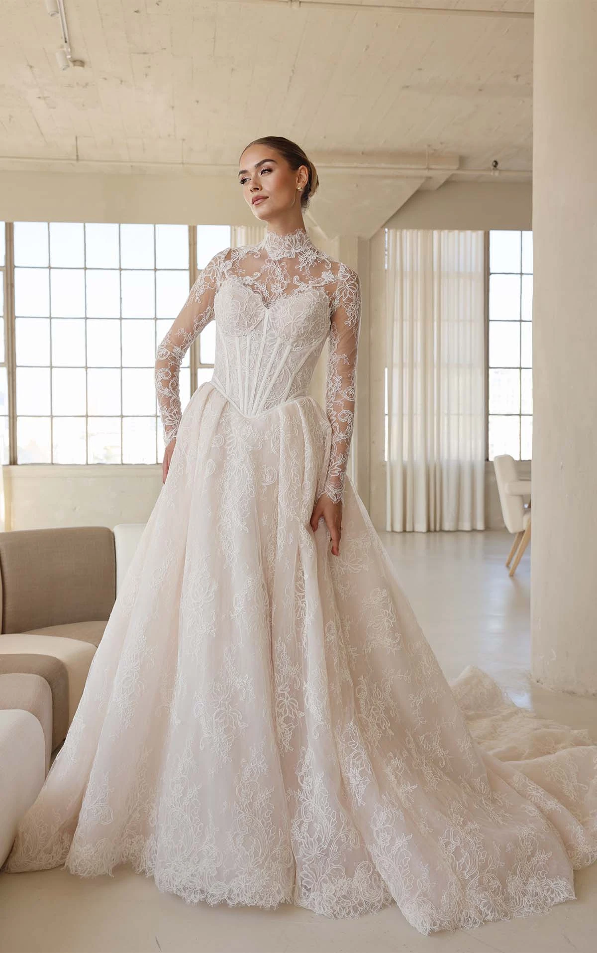 lace long sleeve ballgown wedding dress with drop waist and train - LE1384 by Martina Liana Luxe