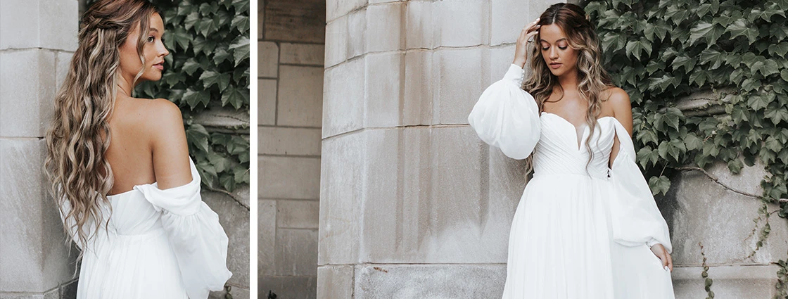 two images of a bride wearing a long sleeve of the shoulder wedding dress