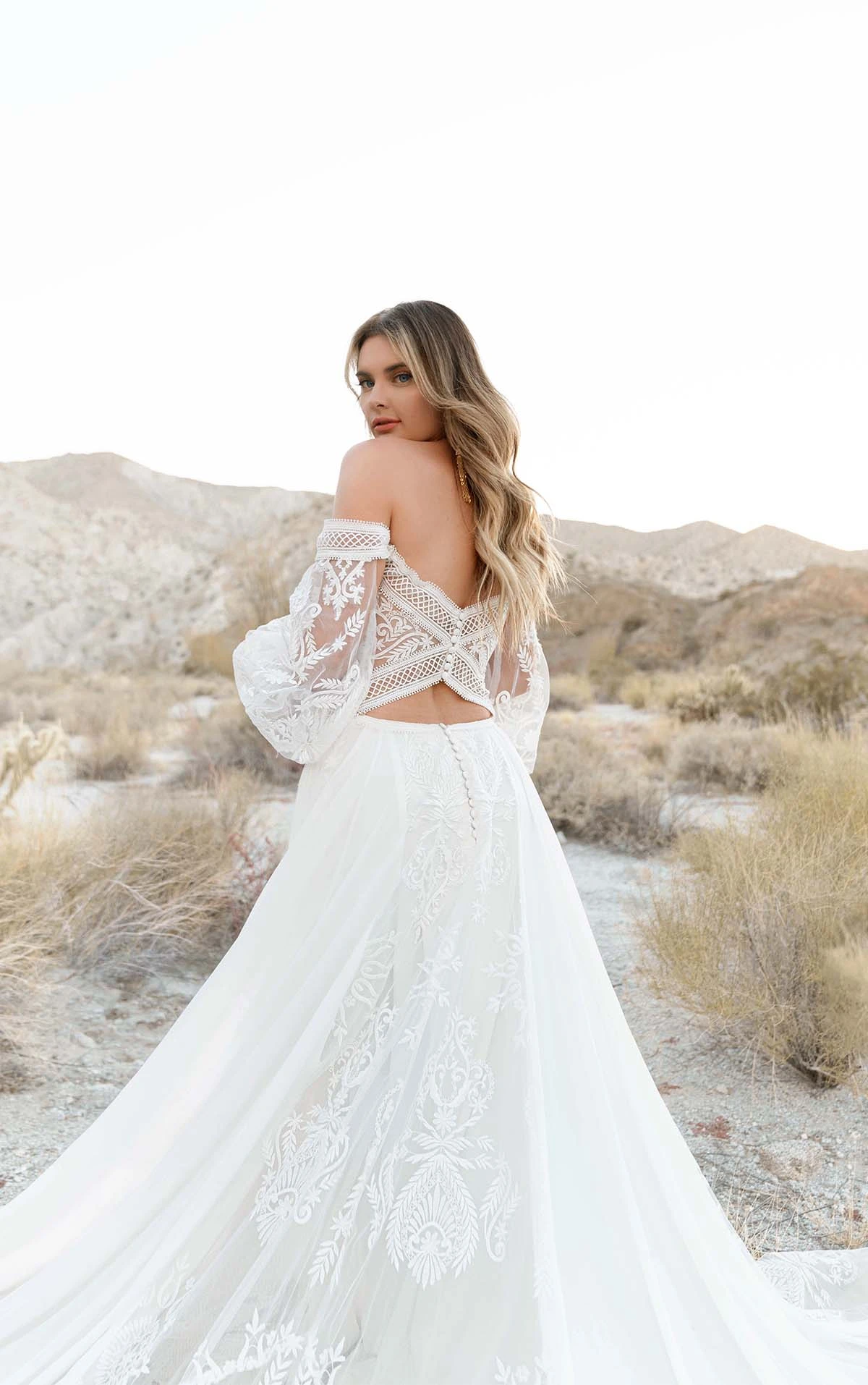 casual boho lace wedding dress with off the shoulder sleeves and scoop back - maddox by all who wander