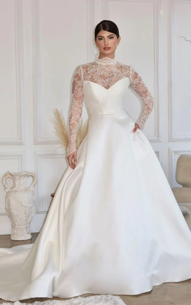 modest a-line wedding dress with lace long sleeves and high neck - 1809 by Martina Liana