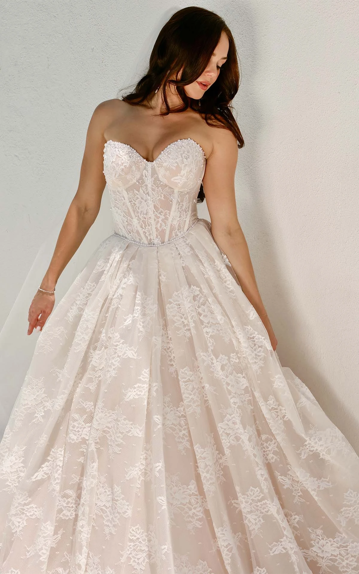 blush ballgown wedding dress with sweetheart neckline and lace detailing - 1847 by Martina Liana