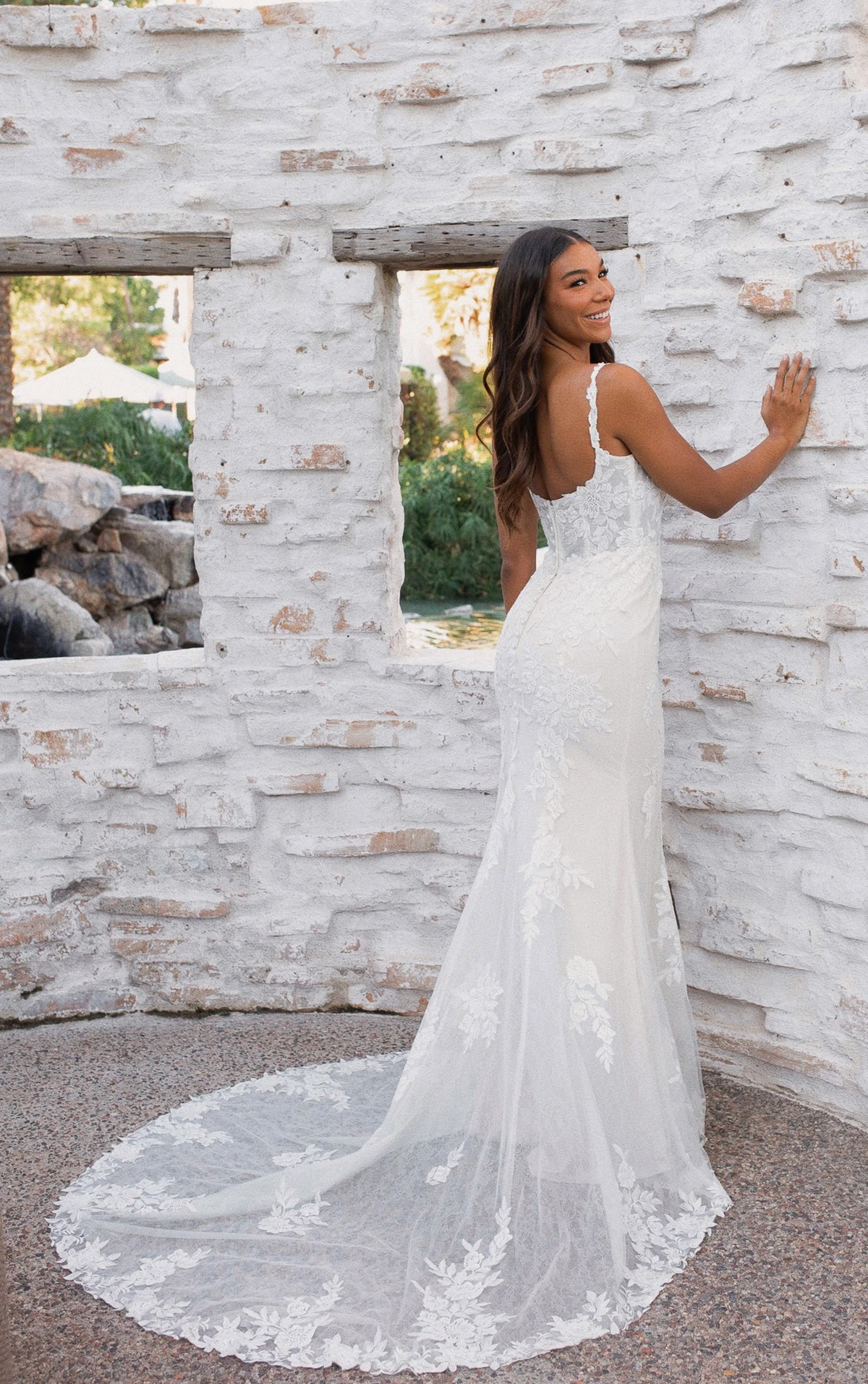 lace fit-and-flare wedding dress with embellished train and square neckline - 7762 by Stella York