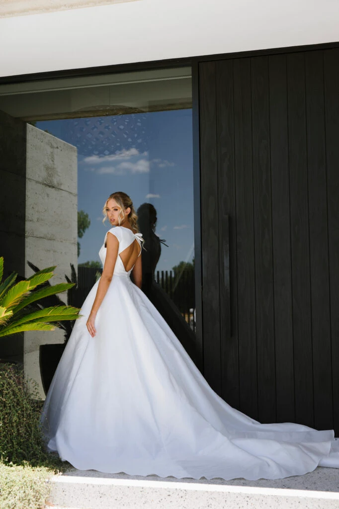 simple ballgown wedding dress with cap sleeves and keyhole back - 1468 by Martina Liana