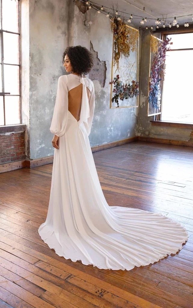 long sleeve boho wedding dress with keyhole back and circle train - kait by all who wander