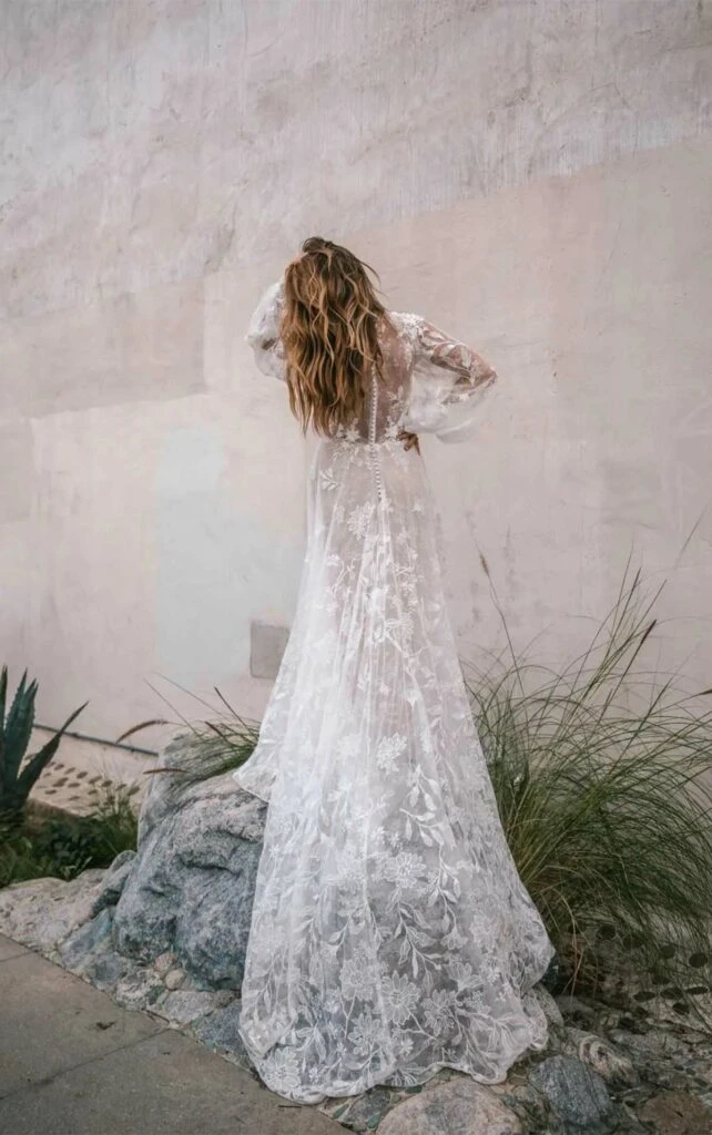 boho lace wedding dress with nude lining - wynter by All Who Wander