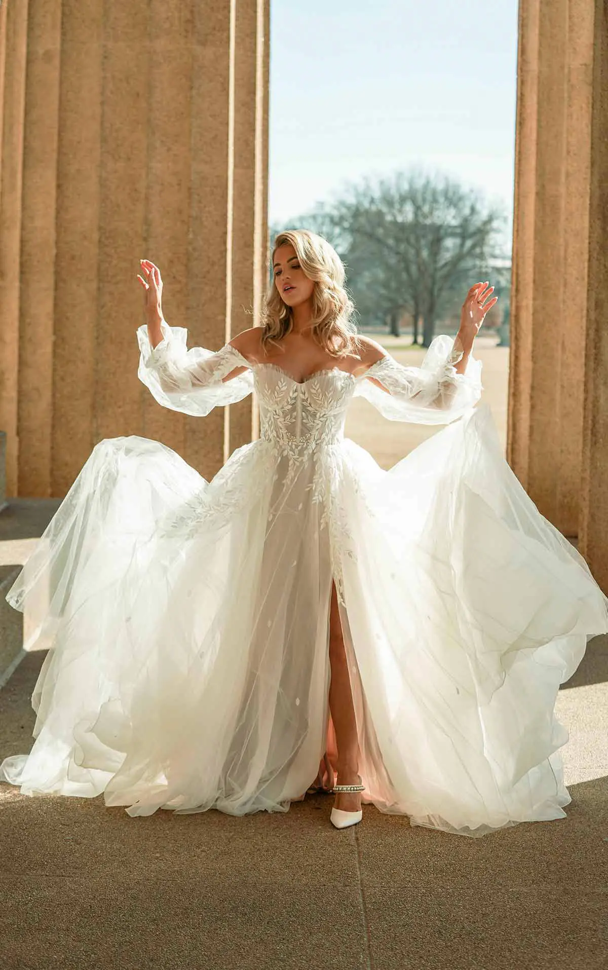 boho tulle wedding dress with off the shoulder sleeves - D3787 by Essense of Australia