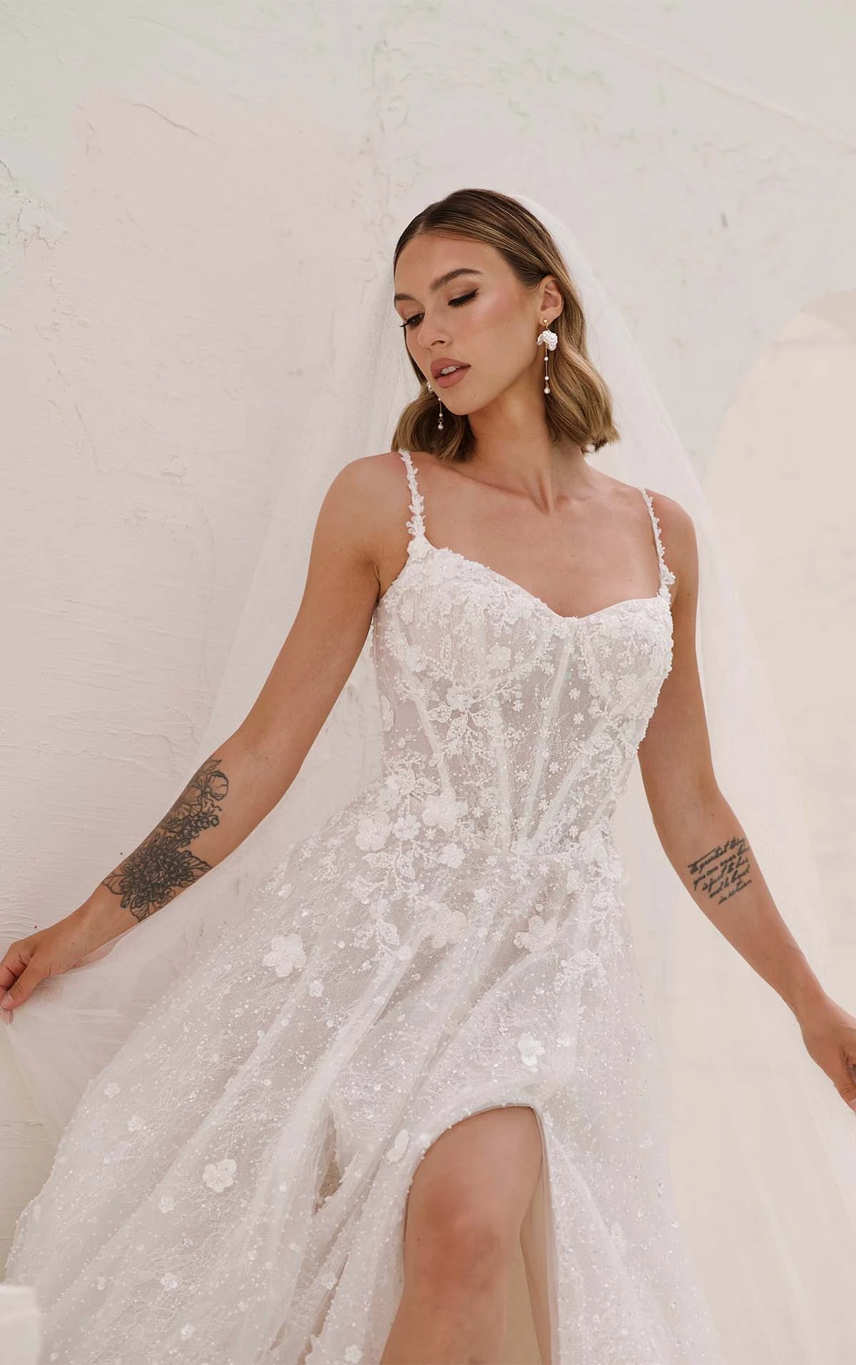 sexy lace a-line wedding dress with high slit and low back - 1831 by Martina Liana