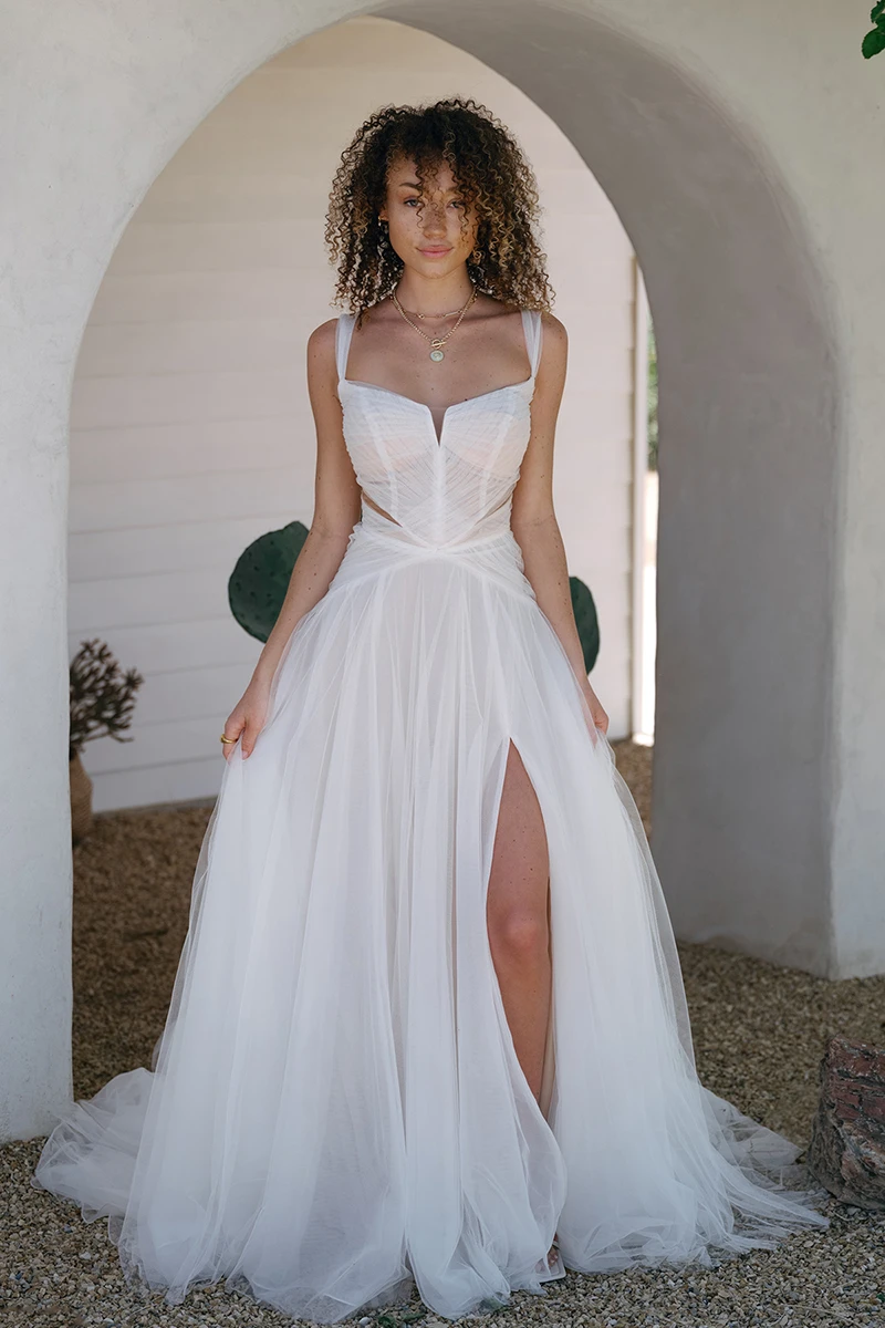 boho a-line wedding dress with cutouts and train - dove by All Who Wander