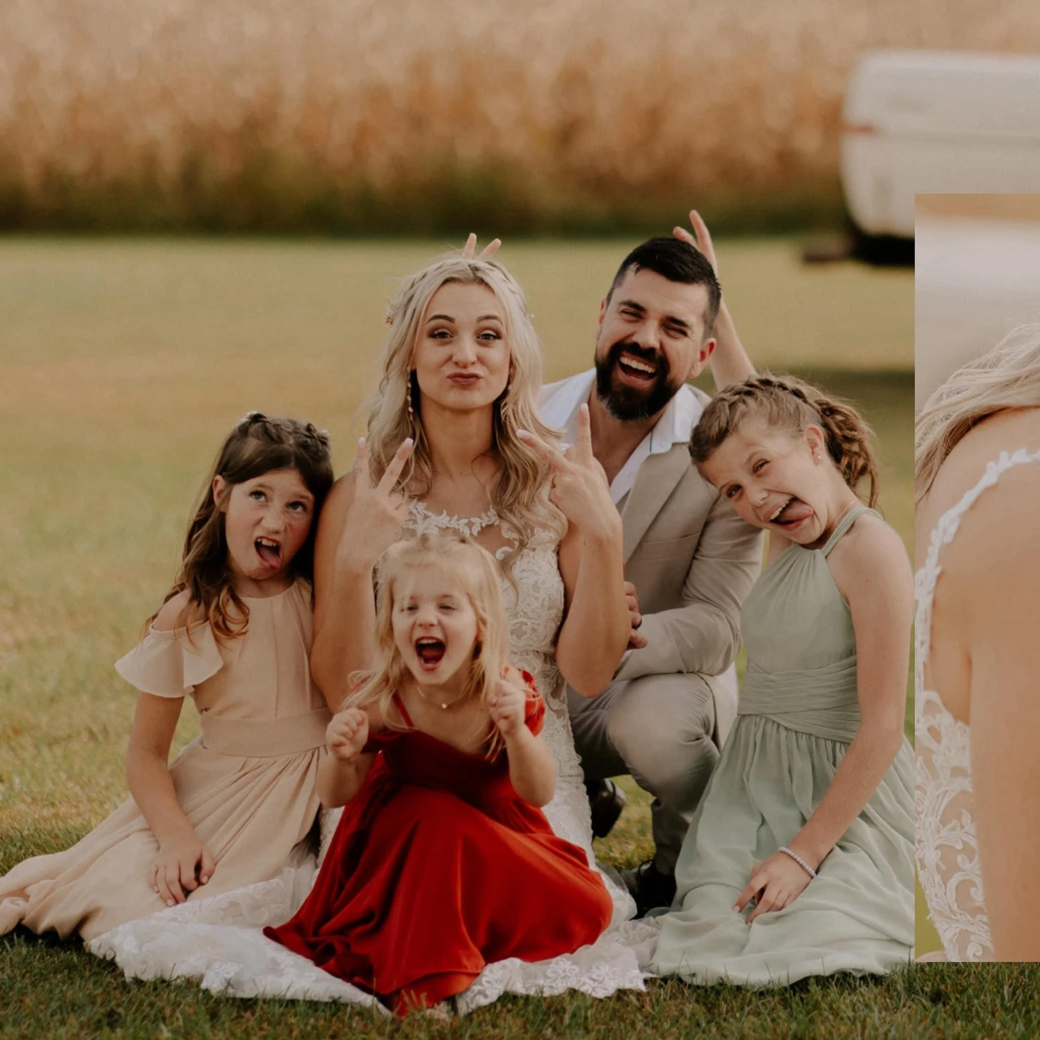 true bride megan with husband and daughters - D2548 by Essense of Australia