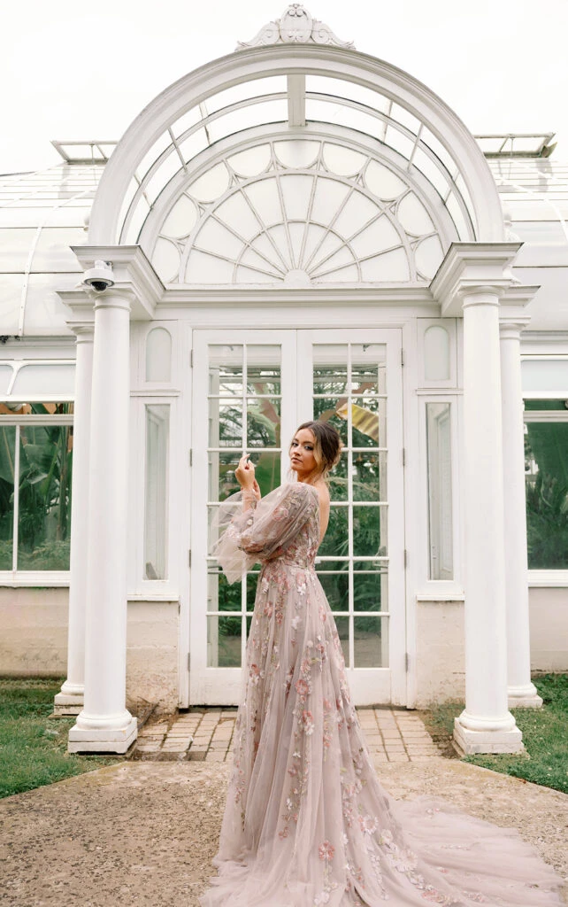 pink wedding dress with floral embroidery and long sleeves - saylor Bali by All Who Wander