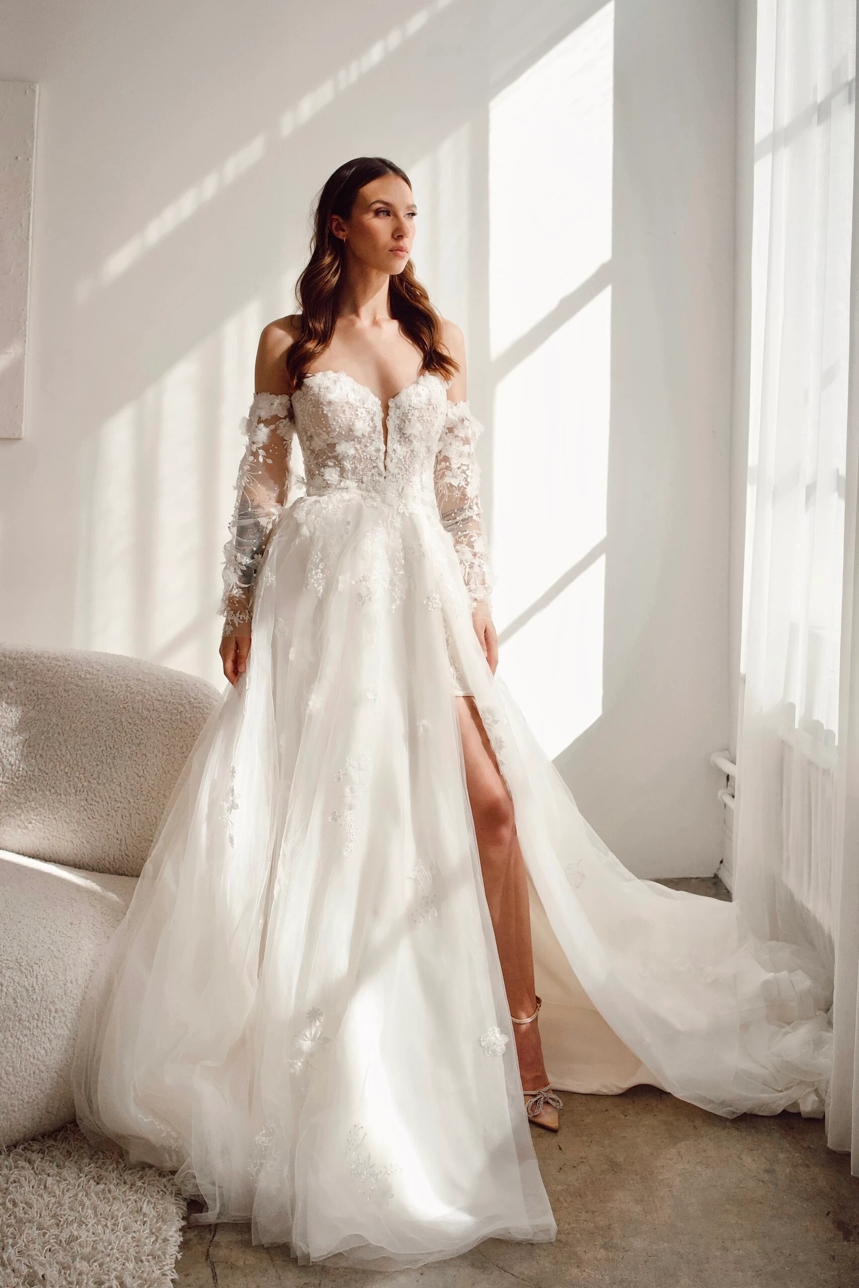lace off the shoulder wedding dress with detachable overskirt - 1599 by Martina Liana