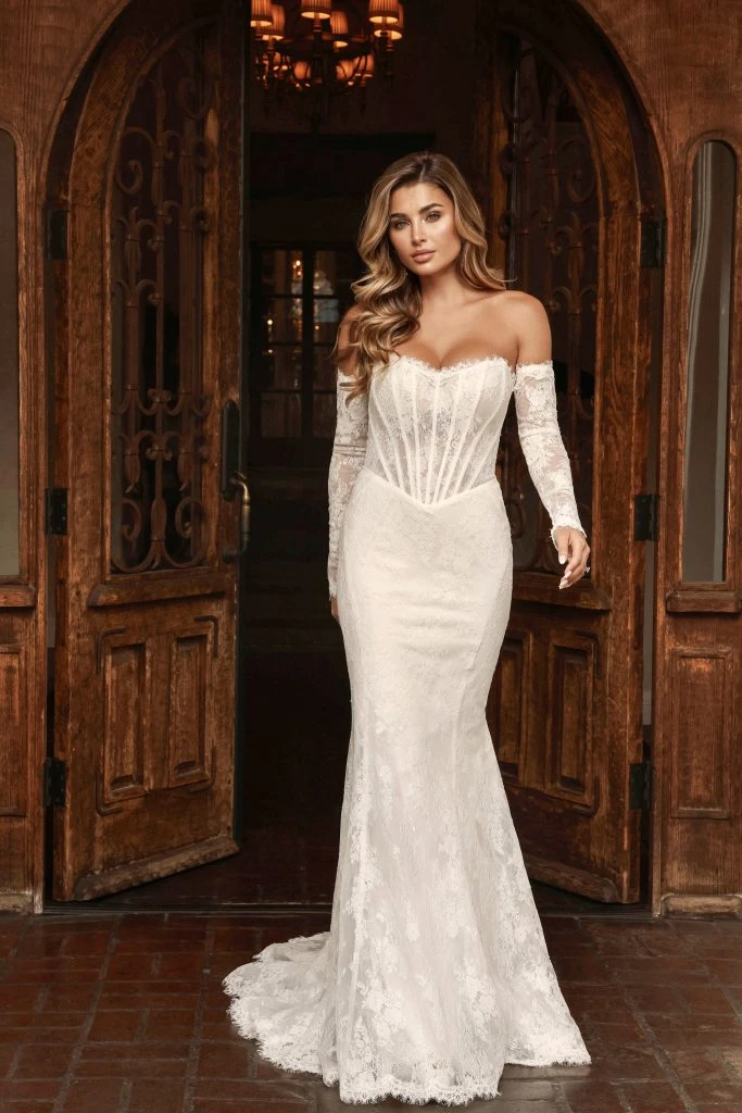 sexy lacee mermaid wedding dress with detachable long sleeves - D4287 by Essense of Australia