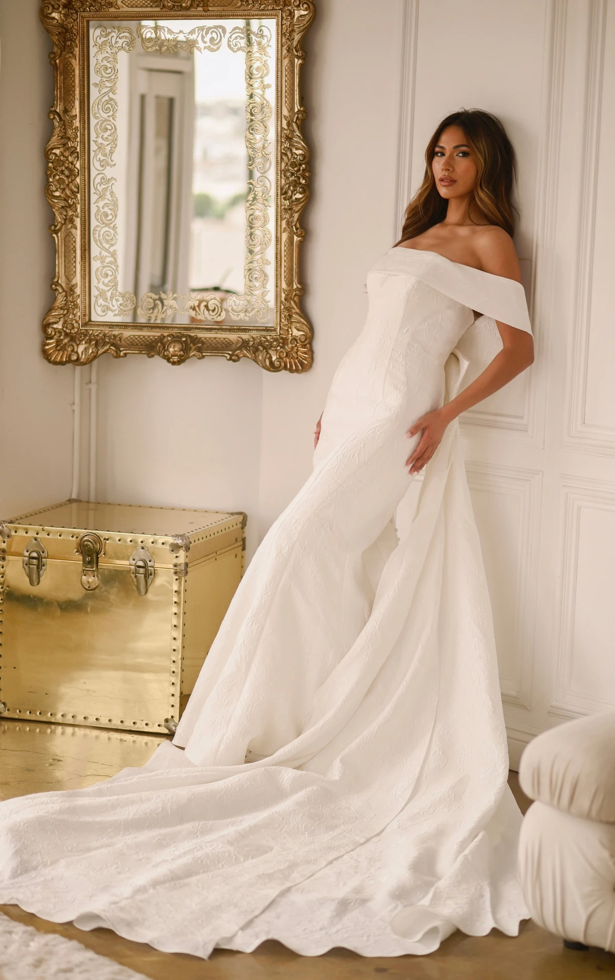 simple column wedding dress with off the shoulder straps and bow train - 1619 by Martina Liana