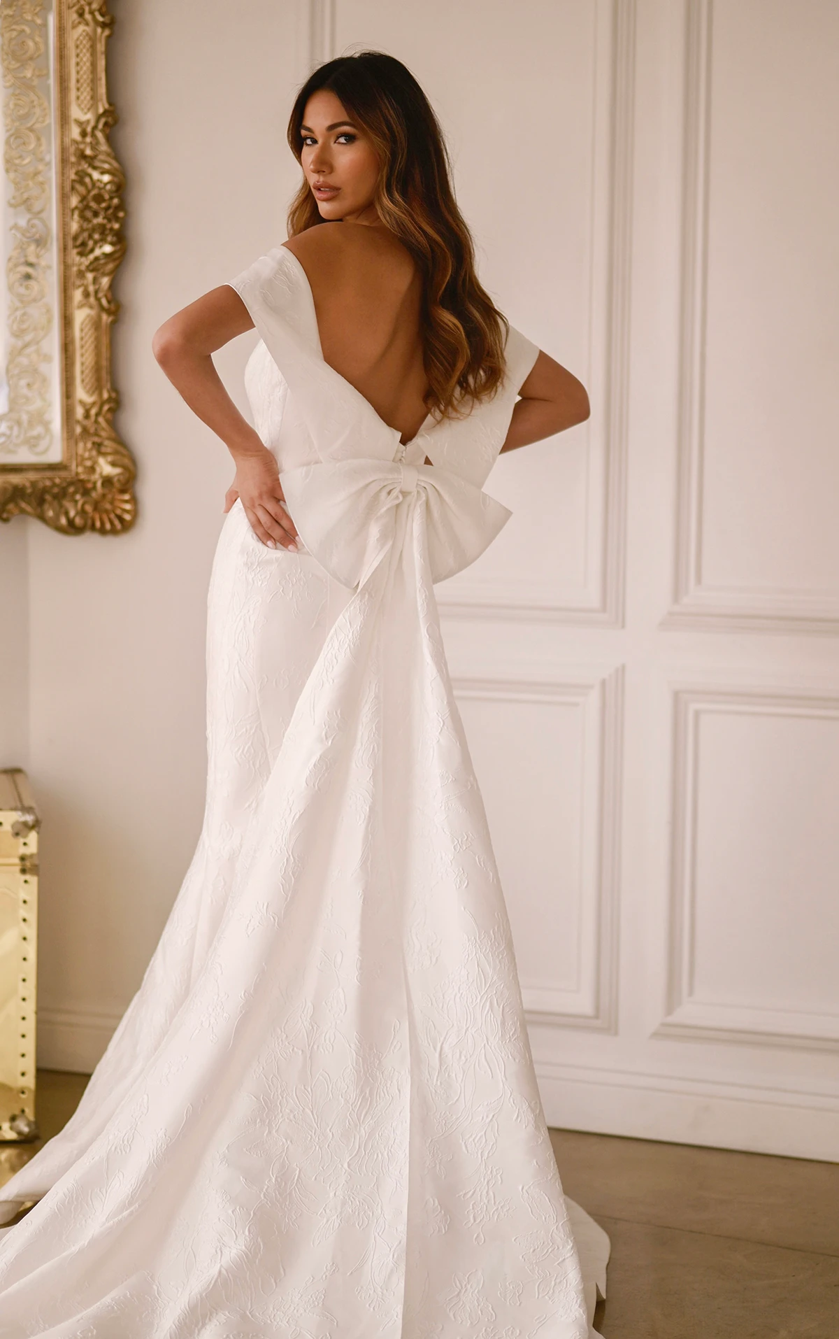 simple column wedding dress with full train and detachable bow - 1619 by Martina Liana