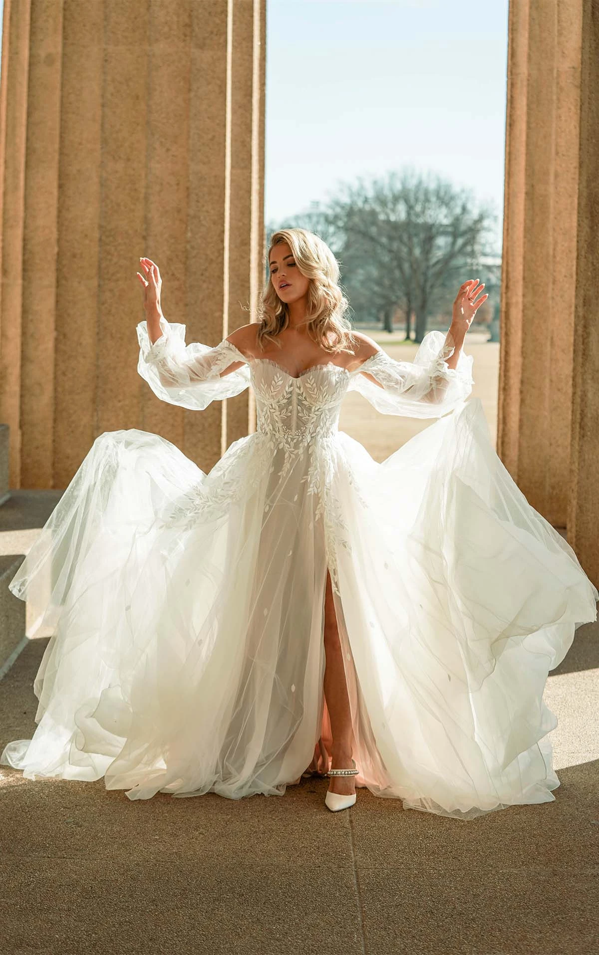 tulle and lace a-line wedding dress with off the shoulder long sleeves - D3787 by Essense of Australia