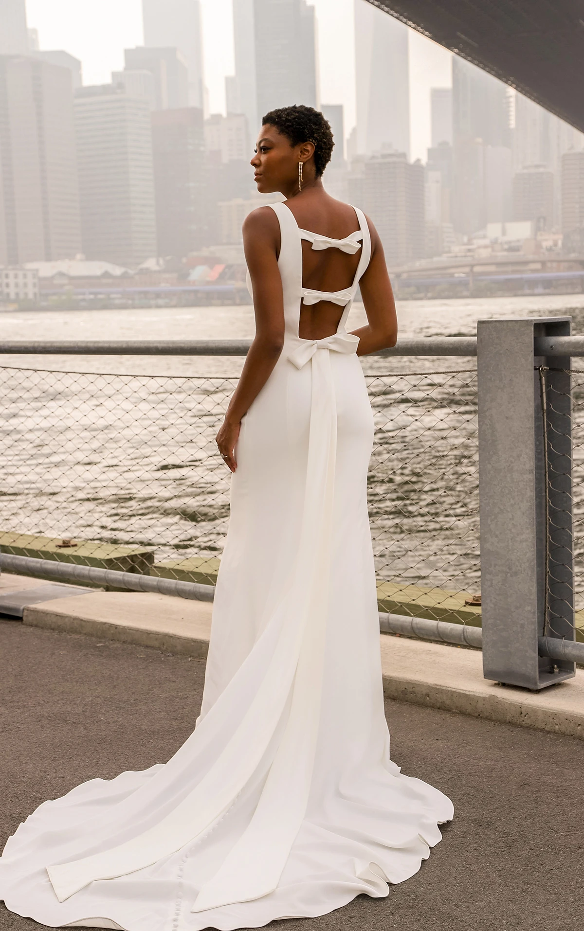 simple column wedding dress with high neck and strappy back with bows - D3901 by Essense of Australia