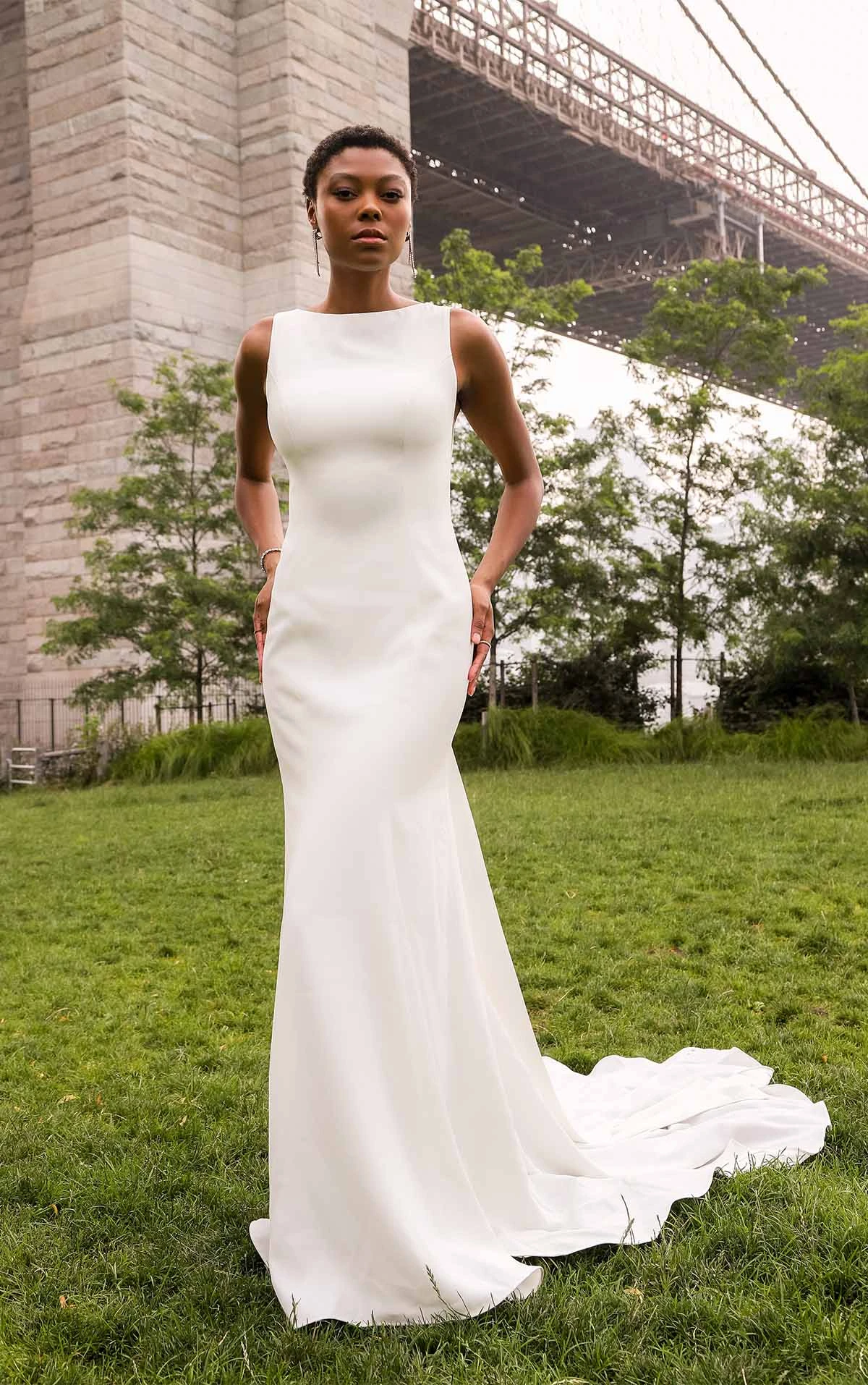 simple column wedding dress with high neck and bow back details - D3901 by Essense of Australia