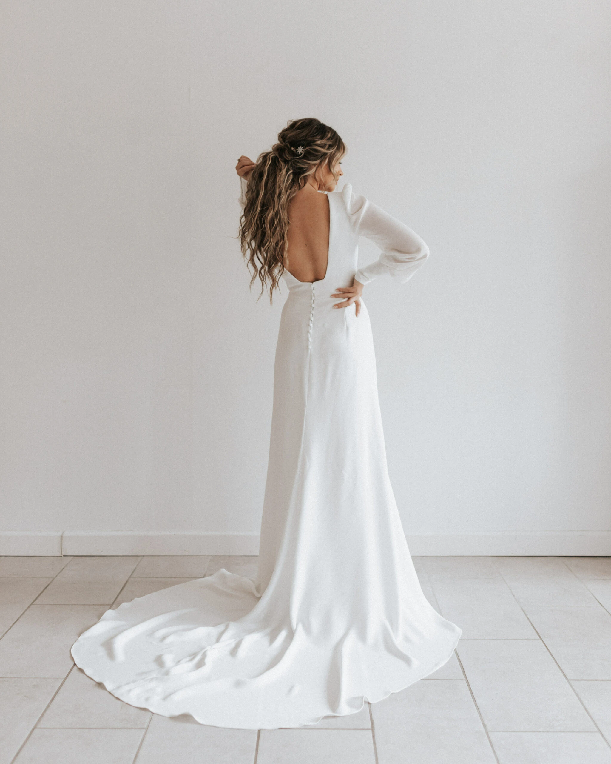 simple sleek modest column wedding dress with open back - siena by All Who Wander
