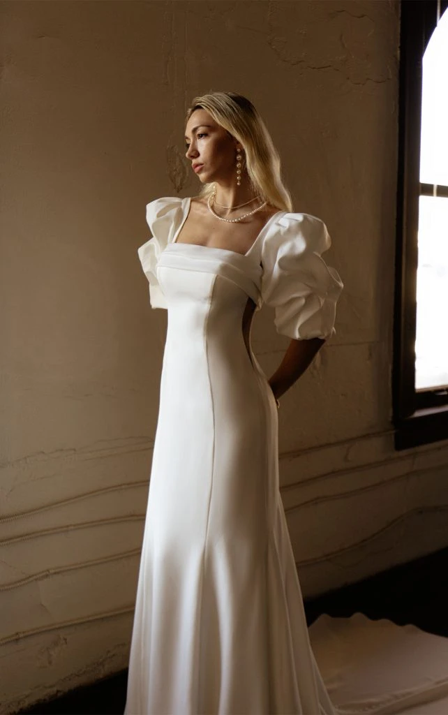 simple column wedding dress with square neck and puff sleeves - eloise by all who wander
