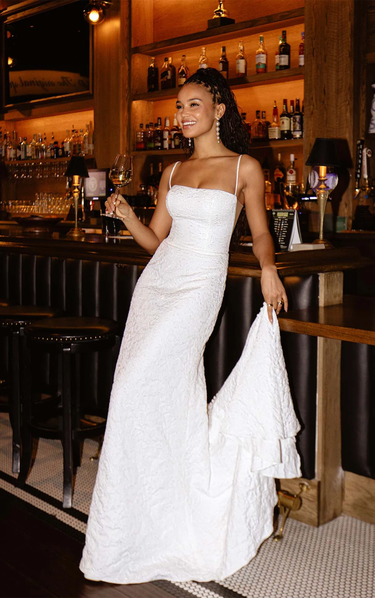 simple textured column wedding dress with spaghetti straps - spence by all who wander