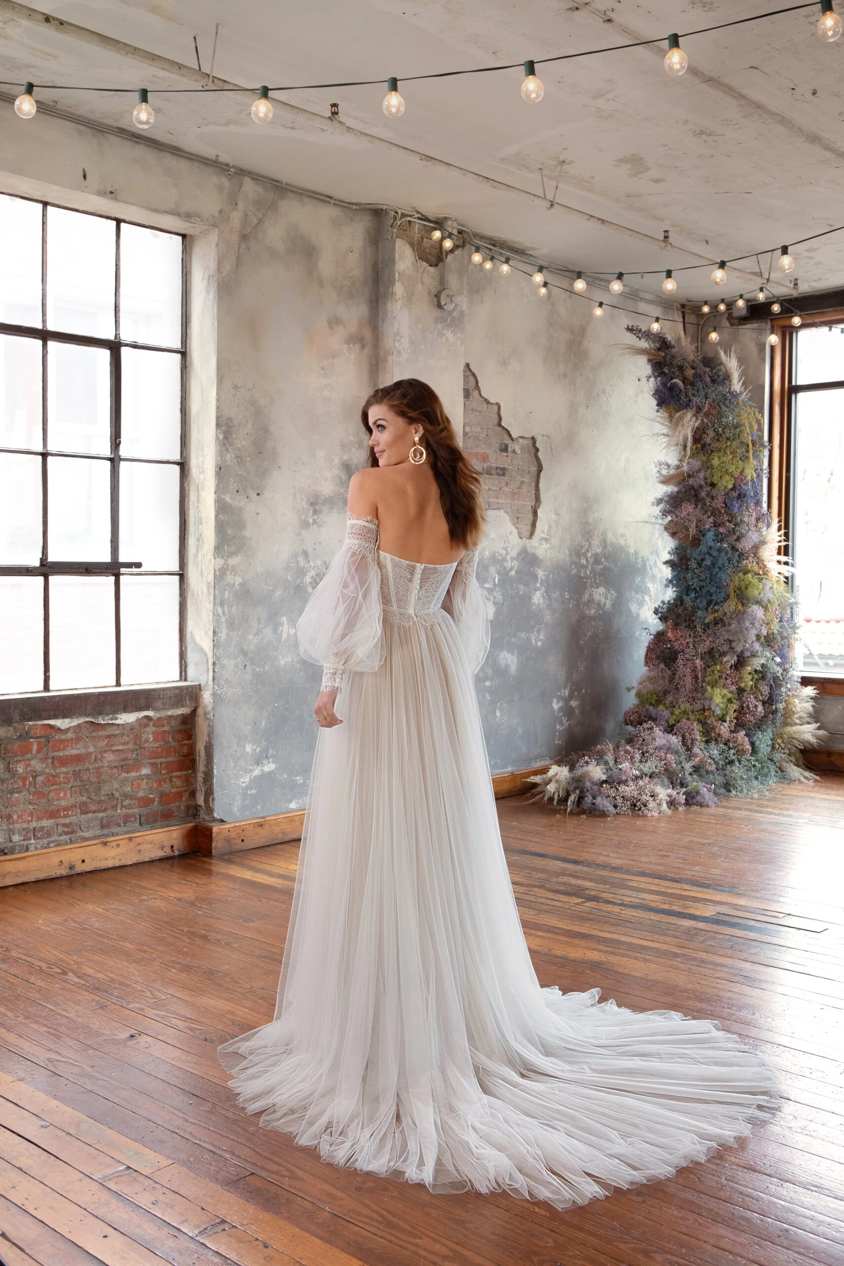whimsical lace and tulle a-line wedding dress with side slit and detachable sleeves - viene by All Who Wander
