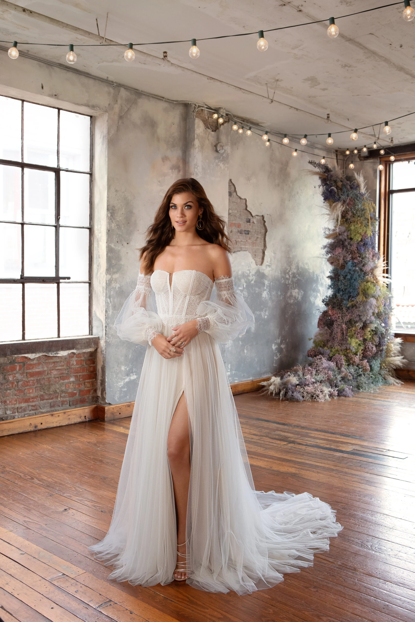 strapless boho wedding dress with flowy tulle skirt and destachable sleeves - viene by All Who Wander 
