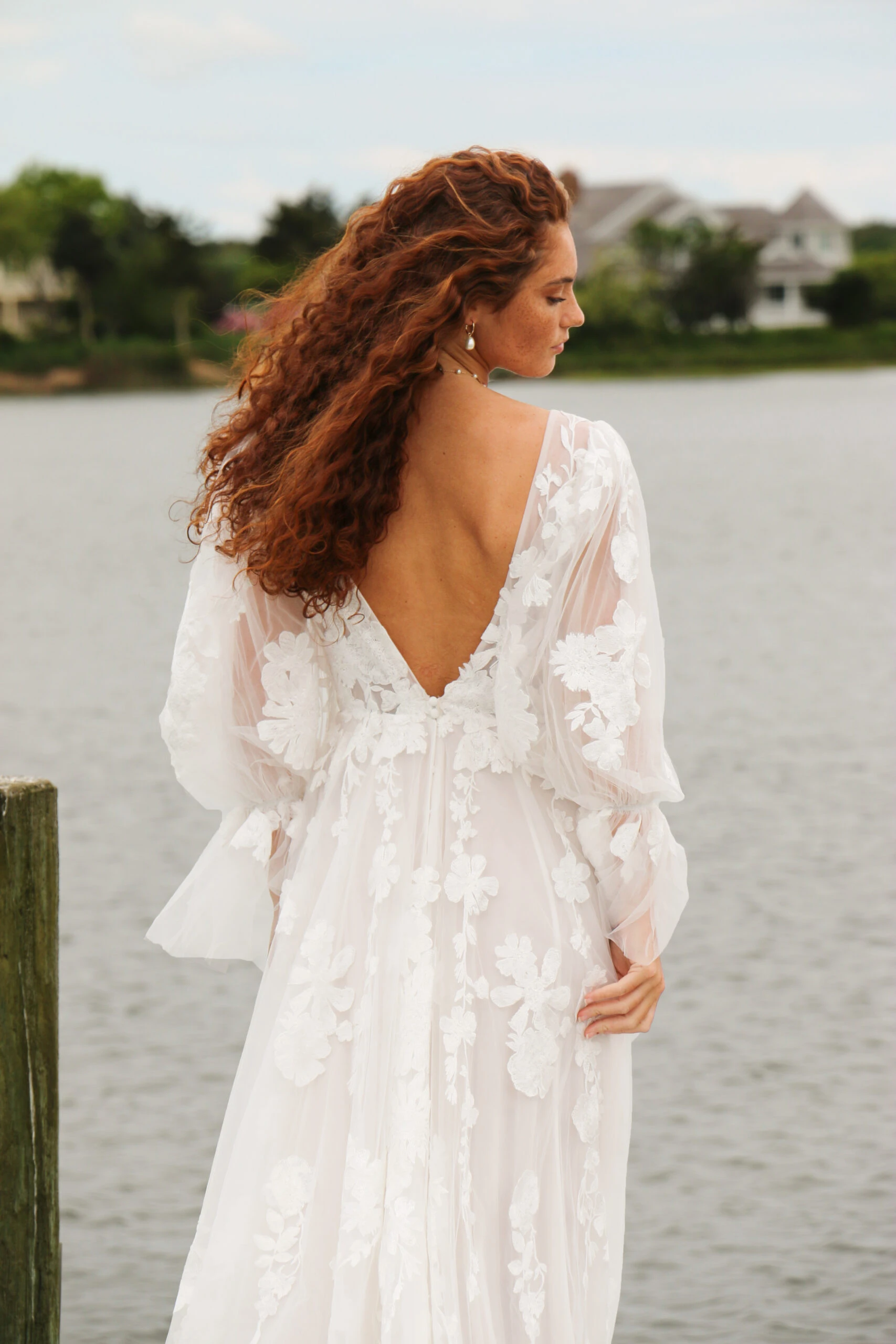 boho lace a-line wedding dress with plunging back and short train - saylor by All Who Wander