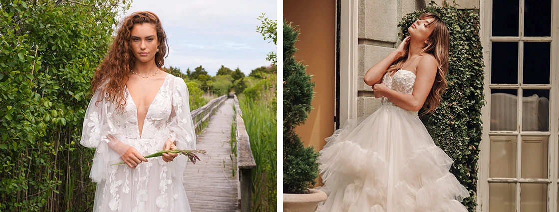 Left side bride wearing lace sleeved wedding dress standing on a dock. Bride on the right wearing a strapless lace puffy ballgown