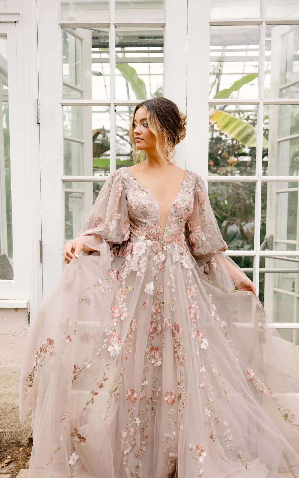 colored floral lace wedding dress with plunging neckline and sleeves - saylor by All Who Wander