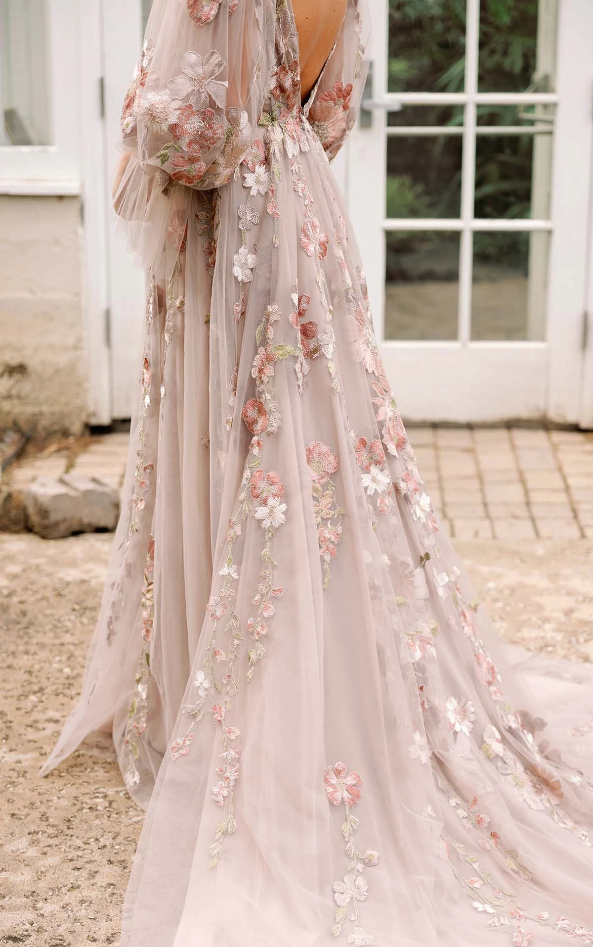 muted pink a-line wedding dress with v-back and floral appliques - saylor by All Who Wander