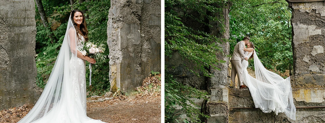 Left side image is a bride wearing a lace wedding dress with a long veil Right image: Bride and groom sharing a kiss on a rustic stone