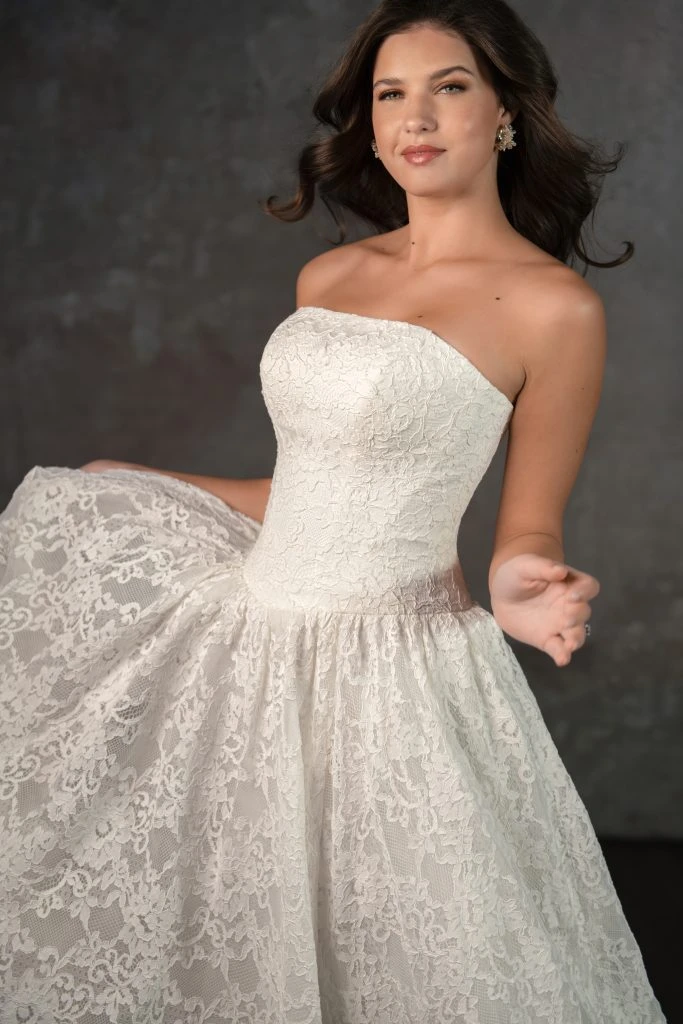 strapless lace a-line wedding dress with drop waist - D4309 by Essense of Australia