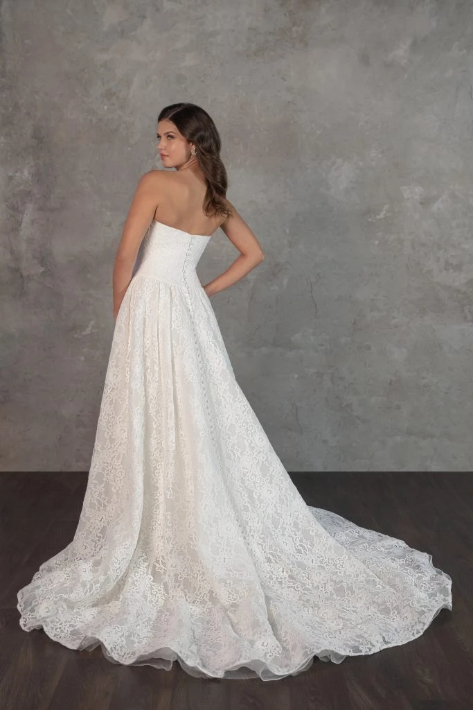 strapless a-line wedding dress with lace and short train - S4309 by Essense of Australia