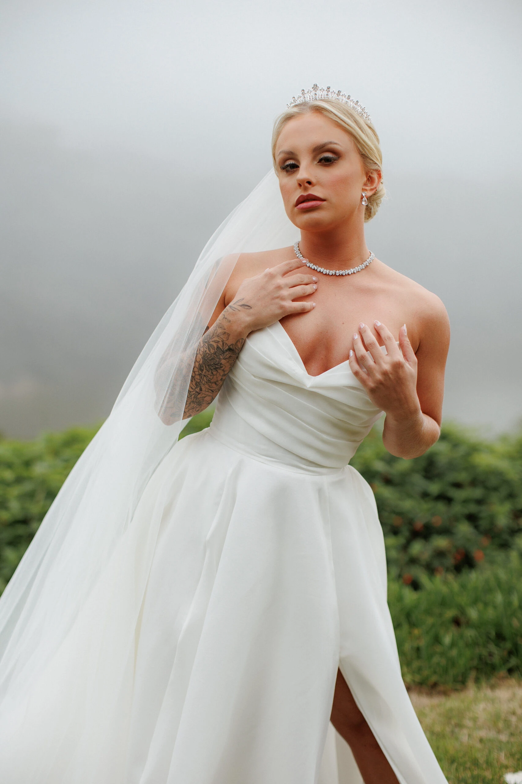 true bride Mayke posing wearing D3941 by Essense of Australia