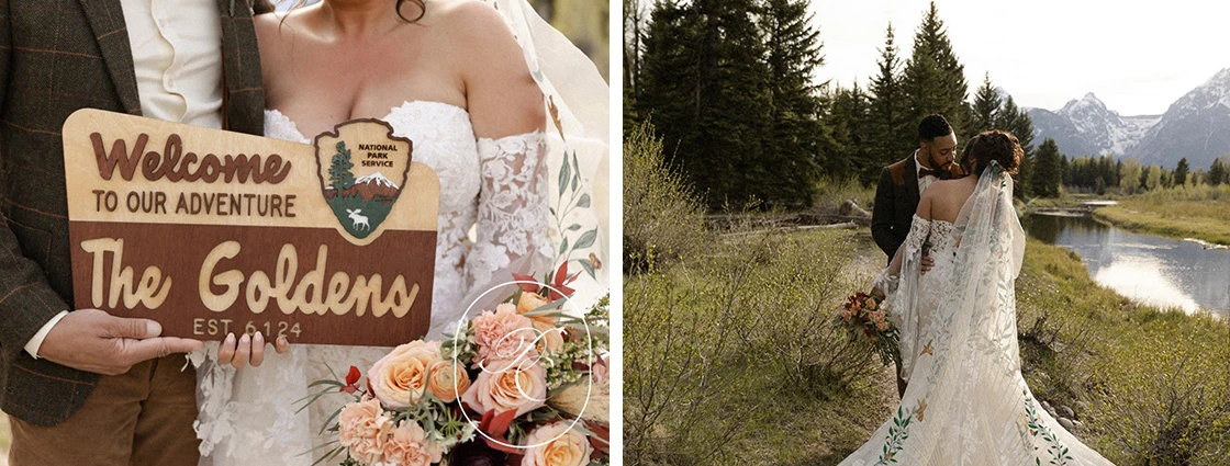 A bride and groom hold a 'Welcome to our adventure' sign with mountains in the background. The bride's embroidered veil and bouquet add elegant, nature-inspired details.