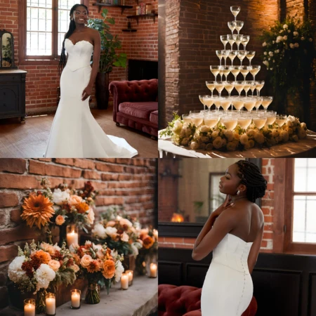 Collage of a wedding set in a rustic brick interior. Top left: Bride in a strapless white gown stands by a vintage-style red velvet couch. Top right: Tower of champagne glasses with floral decorations at the base. Bottom left: Floral arrangement in warm tones of orange, peach, and cream with candles set against a brick wall. Bottom right: Bride with her back to the camera, looking over her shoulder with a serene expression.