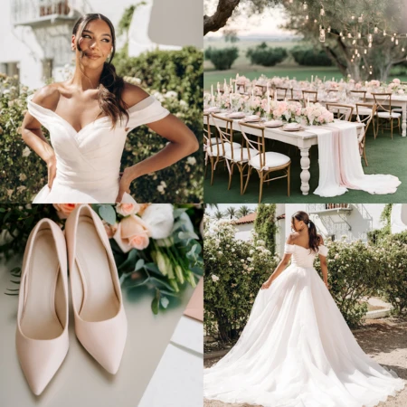 Collage of a romantic outdoor wedding setup. Top left: Bride in an off-the-shoulder wedding gown, smiling in a garden setting. Top right: Elegant outdoor reception table with pink florals, candles, and gold-accented chairs set under trees with string lights. Bottom left: Close-up of blush pink wedding shoes with roses in the background. Bottom right: Bride in a full ballgown wedding dress with a long train, standing in a lush garden.