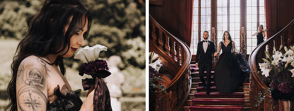 Left image is A woman in a black dress holds a white calla lily, gazing down thoughtfully, with a garden in the background. The right image is a bride in a black gown walks down a grand staircase with a man in a tuxedo, as a musician plays violin in the background.