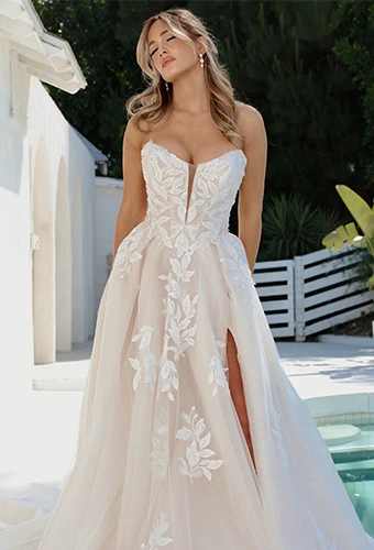 sexy a-line wedding dress with large flower appliques and high slit - 1825 by Martina Liana