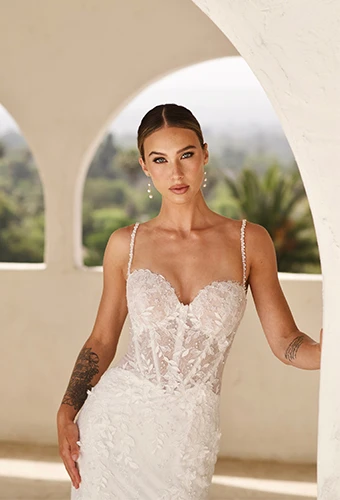 sexy floral fit-and-flare wedding dress with sheer bodice and sparkling straps - 1854 by Martina Liana